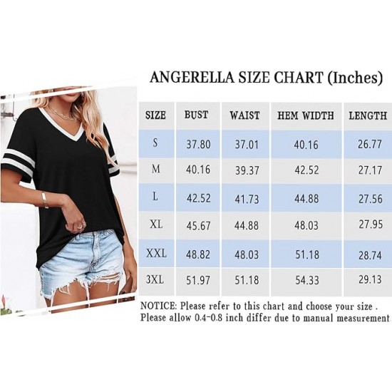 Angerella Summer Tops for Women Casual V Neck T Shirts Short Sleeve Tunic Tops Loose Fit