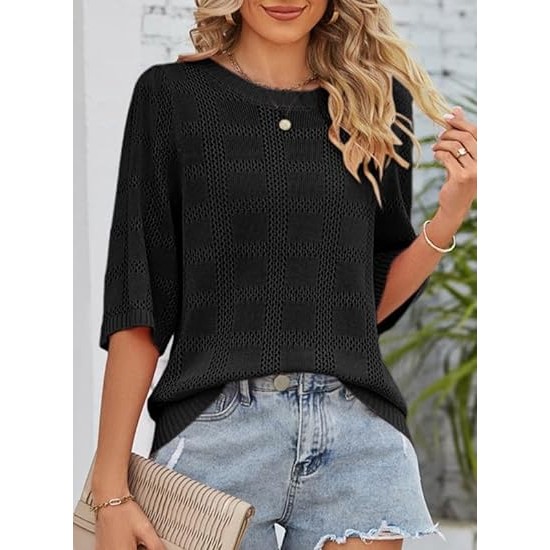 Dokotoo Women's Casual 3/4 Sleeve Loose Tunic Tops Lightweight Crochet Knit Summer Sweaters Blouses