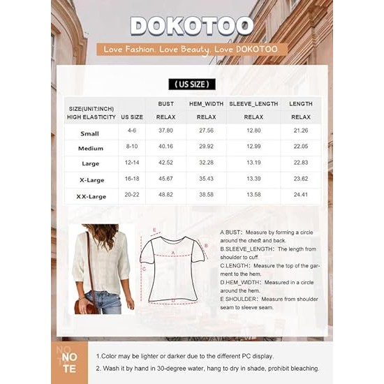 Dokotoo Women's Casual 3/4 Sleeve Loose Tunic Tops Lightweight Crochet Knit Summer Sweaters Blouses