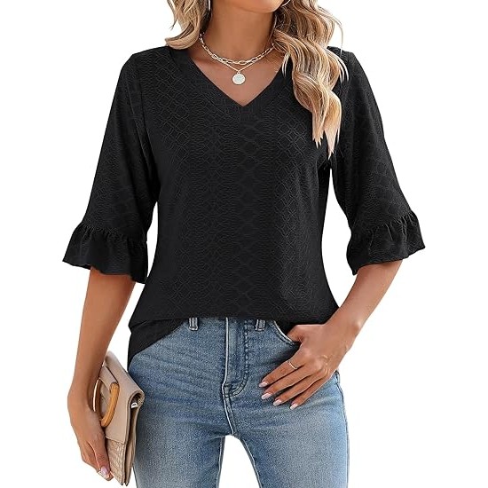 LOMON 3/4 Length Sleeve Womens Tops Summer Loose V-Neck Eyelet T-Shirts Dressy Casual Ruffle Sleeve Tunic Blouses