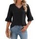 LOMON 3/4 Length Sleeve Womens Tops Summer Loose V-Neck Eyelet T-Shirts Dressy Casual Ruffle Sleeve Tunic Blouses