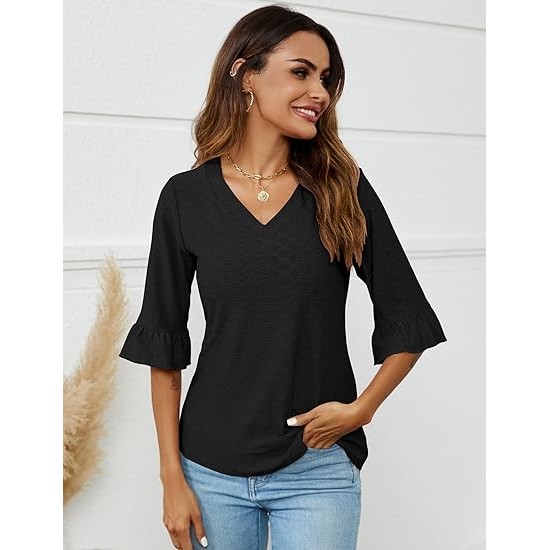 LOMON 3/4 Length Sleeve Womens Tops Summer Loose V-Neck Eyelet T-Shirts Dressy Casual Ruffle Sleeve Tunic Blouses