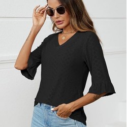 LOMON 3/4 Length Sleeve Womens Tops Summer Loose V-Neck Eyelet T-Shirts Dressy Casual Ruffle Sleeve Tunic Blouses