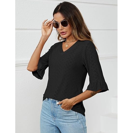 LOMON 3/4 Length Sleeve Womens Tops Summer Loose V-Neck Eyelet T-Shirts Dressy Casual Ruffle Sleeve Tunic Blouses