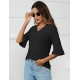 LOMON 3/4 Length Sleeve Womens Tops Summer Loose V-Neck Eyelet T-Shirts Dressy Casual Ruffle Sleeve Tunic Blouses