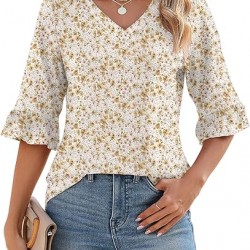 LOMON 3/4 Length Sleeve Womens Tops Summer Loose V-Neck Eyelet T-Shirts Dressy Casual Ruffle Sleeve Tunic Blouses