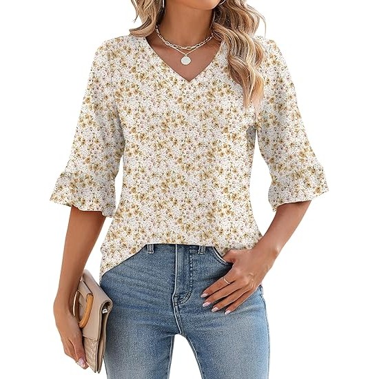 LOMON 3/4 Length Sleeve Womens Tops Summer Loose V-Neck Eyelet T-Shirts Dressy Casual Ruffle Sleeve Tunic Blouses