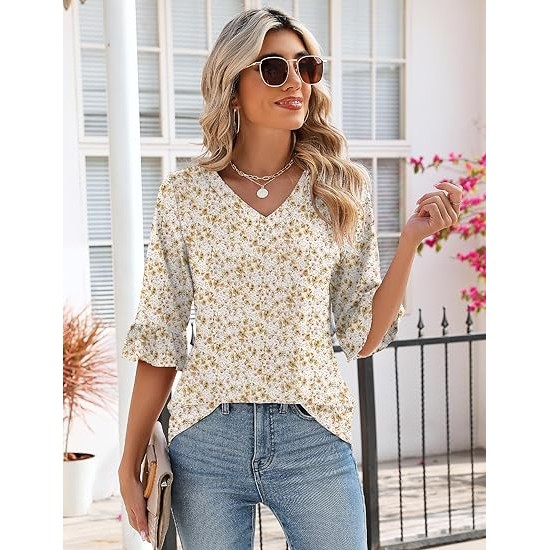 LOMON 3/4 Length Sleeve Womens Tops Summer Loose V-Neck Eyelet T-Shirts Dressy Casual Ruffle Sleeve Tunic Blouses