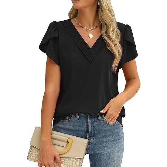 Fayenne Womens Tops Dressy Casual V Neck Ruffle Short Sleeve Blouse Business Casual Tops Chiffon Flowy Shirt Cute Summer Tops