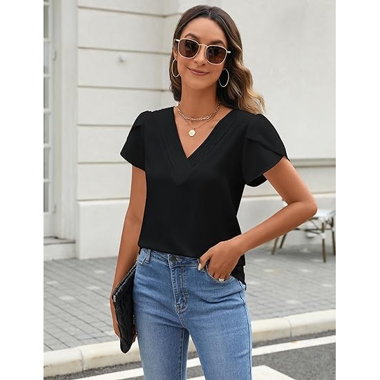 Fayenne Womens Tops Dressy Casual V Neck Ruffle Short Sleeve Blouse Business Casual Tops Chiffon Flowy Shirt Cute Summer Tops