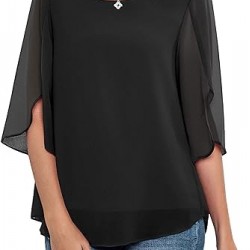 Neineiwu Womens Casual Scoop Neck Loose Top 3/4 Sleeve Chiffon Blouse Shirt Tops