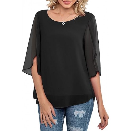 Neineiwu Womens Casual Scoop Neck Loose Top 3/4 Sleeve Chiffon Blouse Shirt Tops