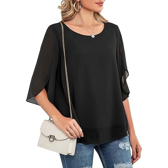 Neineiwu Womens Casual Scoop Neck Loose Top 3/4 Sleeve Chiffon Blouse Shirt Tops