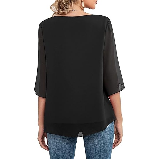 Neineiwu Womens Casual Scoop Neck Loose Top 3/4 Sleeve Chiffon Blouse Shirt Tops