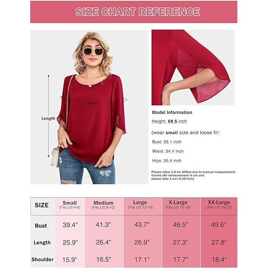 Neineiwu Womens Casual Scoop Neck Loose Top 3/4 Sleeve Chiffon Blouse Shirt Tops