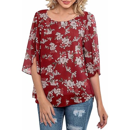 Neineiwu Womens Casual Scoop Neck Loose Top 3/4 Sleeve Chiffon Blouse Shirt Tops