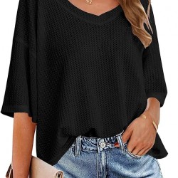 MEROKEETY Women's V Neck Batwing Half Sleeve Shirts Waffle Knit Loose Blouse Solid Color Tops