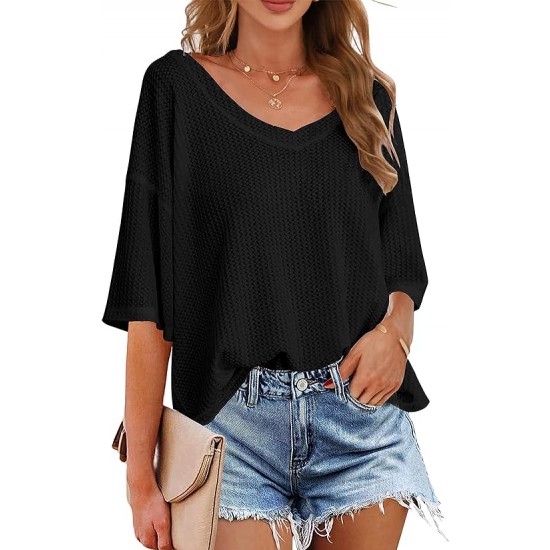 MEROKEETY Women's V Neck Batwing Half Sleeve Shirts Waffle Knit Loose Blouse Solid Color Tops