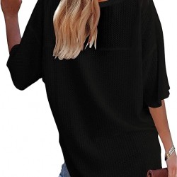 MEROKEETY Women's V Neck Batwing Half Sleeve Shirts Waffle Knit Loose Blouse Solid Color Tops