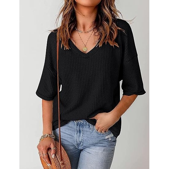 MEROKEETY Women's V Neck Batwing Half Sleeve Shirts Waffle Knit Loose Blouse Solid Color Tops