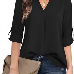 Timeson Women's Casual Chiffon V Neck 3/4 Sleeve Blouse Tops