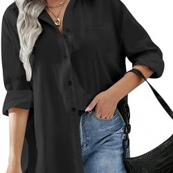 HOTOUCH Women Button Down Shirts Office Drop Shoulder Oversized Blouse Long Sleeve Boyfriend Dress Shirt with Pocket