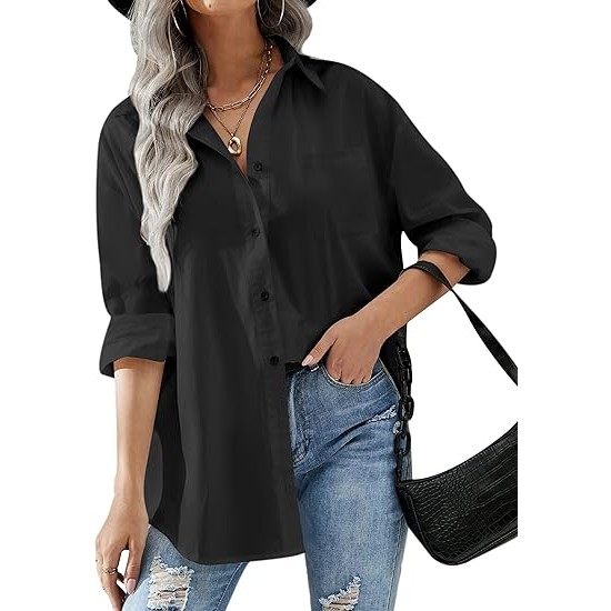 HOTOUCH Women Button Down Shirts Office Drop Shoulder Oversized Blouse Long Sleeve Boyfriend Dress Shirt with Pocket