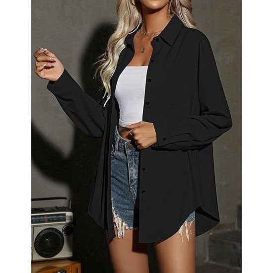 HOTOUCH Women Button Down Shirts Office Drop Shoulder Oversized Blouse Long Sleeve Boyfriend Dress Shirt with Pocket