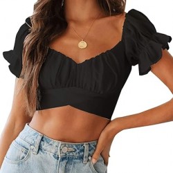 LYANER Women's Ruffle Short Sleeve Tie Up Back Crop Top Off Shoulder Bardot Blouse