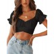 LYANER Women's Ruffle Short Sleeve Tie Up Back Crop Top Off Shoulder Bardot Blouse