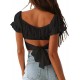 LYANER Women's Ruffle Short Sleeve Tie Up Back Crop Top Off Shoulder Bardot Blouse