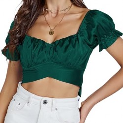 LYANER Women's Ruffle Short Sleeve Tie Up Back Crop Top Off Shoulder Bardot Blouse