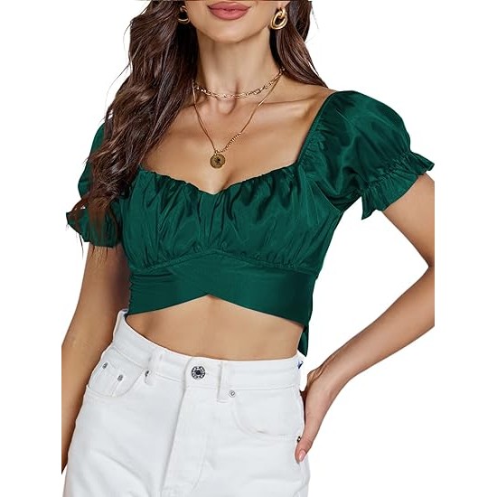 LYANER Women's Ruffle Short Sleeve Tie Up Back Crop Top Off Shoulder Bardot Blouse