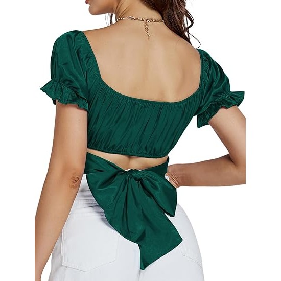 LYANER Women's Ruffle Short Sleeve Tie Up Back Crop Top Off Shoulder Bardot Blouse