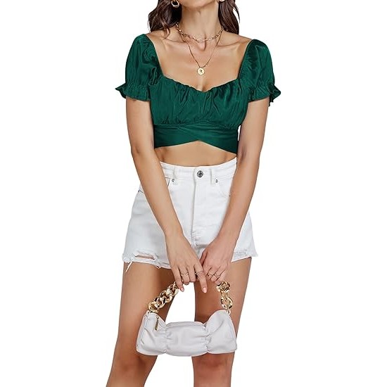 LYANER Women's Ruffle Short Sleeve Tie Up Back Crop Top Off Shoulder Bardot Blouse