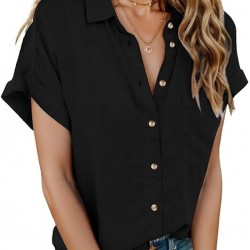 HOTOUCH Linen Cotton Womens Short Sleeve Shirts V Neck Collared Button Down Blouse Tops S-3XL