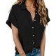 HOTOUCH Linen Cotton Womens Short Sleeve Shirts V Neck Collared Button Down Blouse Tops S-3XL