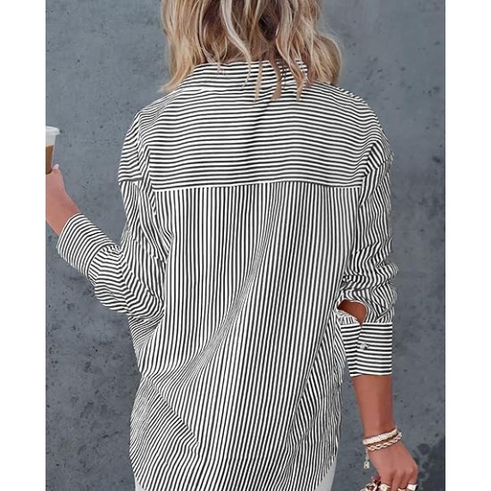 Diosun Womens Striped Button Down Shirts Classic Long Sleeve Stylish Collared Office Work Blouses Tops