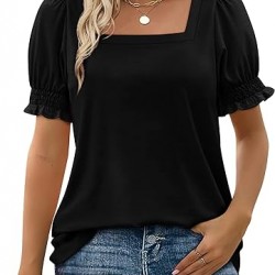 WIHOLL Tops for Women Summer Casual Ruffle Trim Sleeve Square Neck T Shirts