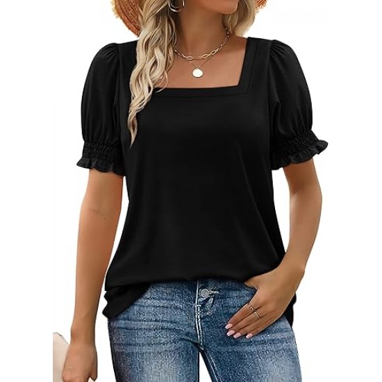 WIHOLL Tops for Women Summer Casual Ruffle Trim Sleeve Square Neck T Shirts