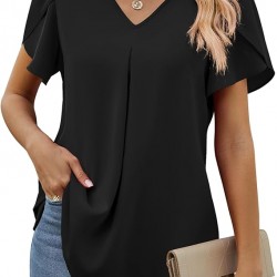 Funlingo Women's Summer Tops Short Sleeve Dressy Chiffon Blouses V Neck Work Tunic Tops Casual Loose T-Shirts