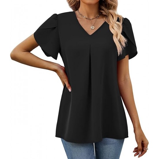 Funlingo Women's Summer Tops Short Sleeve Dressy Chiffon Blouses V Neck Work Tunic Tops Casual Loose T-Shirts