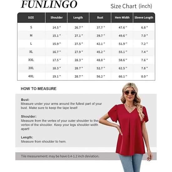 Funlingo Women's Summer Tops Short Sleeve Dressy Chiffon Blouses V Neck Work Tunic Tops Casual Loose T-Shirts