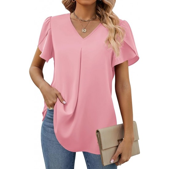 Funlingo Women's Summer Tops Short Sleeve Dressy Chiffon Blouses V Neck Work Tunic Tops Casual Loose T-Shirts