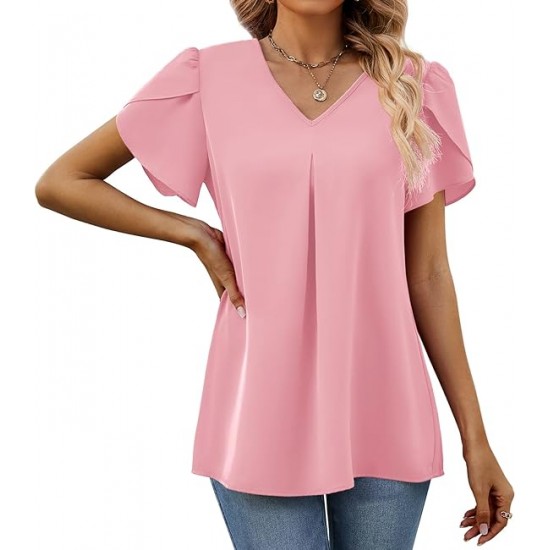 Funlingo Women's Summer Tops Short Sleeve Dressy Chiffon Blouses V Neck Work Tunic Tops Casual Loose T-Shirts