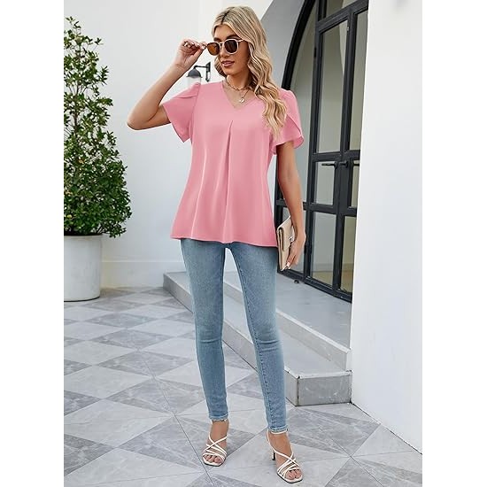 Funlingo Women's Summer Tops Short Sleeve Dressy Chiffon Blouses V Neck Work Tunic Tops Casual Loose T-Shirts