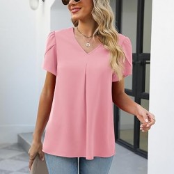 Funlingo Women's Summer Tops Short Sleeve Dressy Chiffon Blouses V Neck Work Tunic Tops Casual Loose T-Shirts