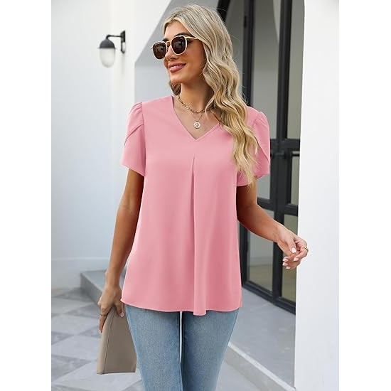 Funlingo Women's Summer Tops Short Sleeve Dressy Chiffon Blouses V Neck Work Tunic Tops Casual Loose T-Shirts