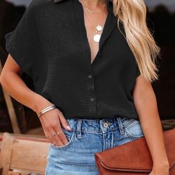 Dokotoo Casual V Neck Button Down Shirts for Women Solid Short Sleeve Blouse Tops