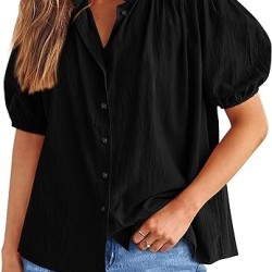 PRETTYGARDEN Womens Summer Button Down Short Lantern Sleeve V Neck Cotton Tops